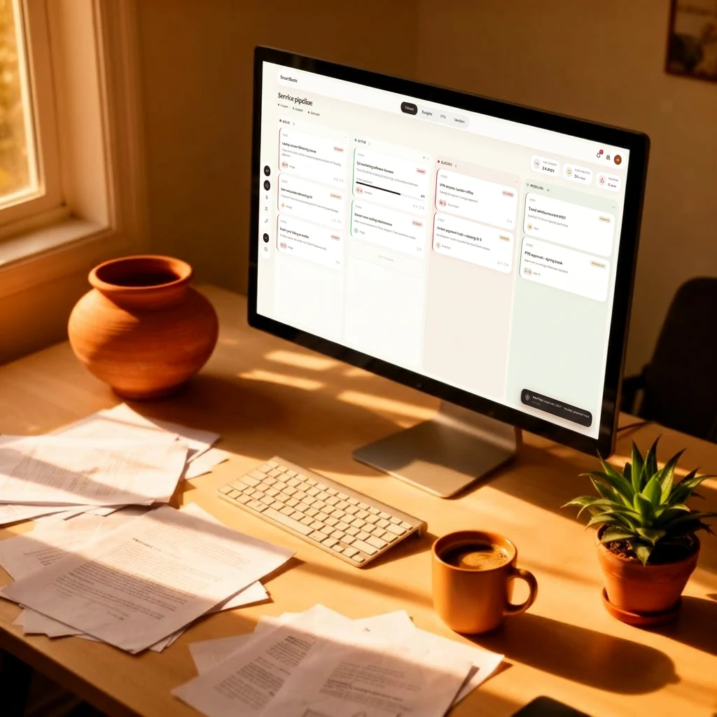 Sunlit professional workspace with laptop, coffee and plants