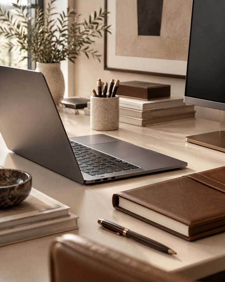 Modern laptop and leather planner on an organised desk