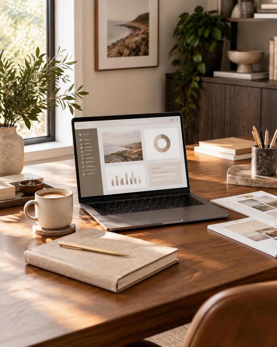 Organised professional workspace with laptop, planner and coffee
